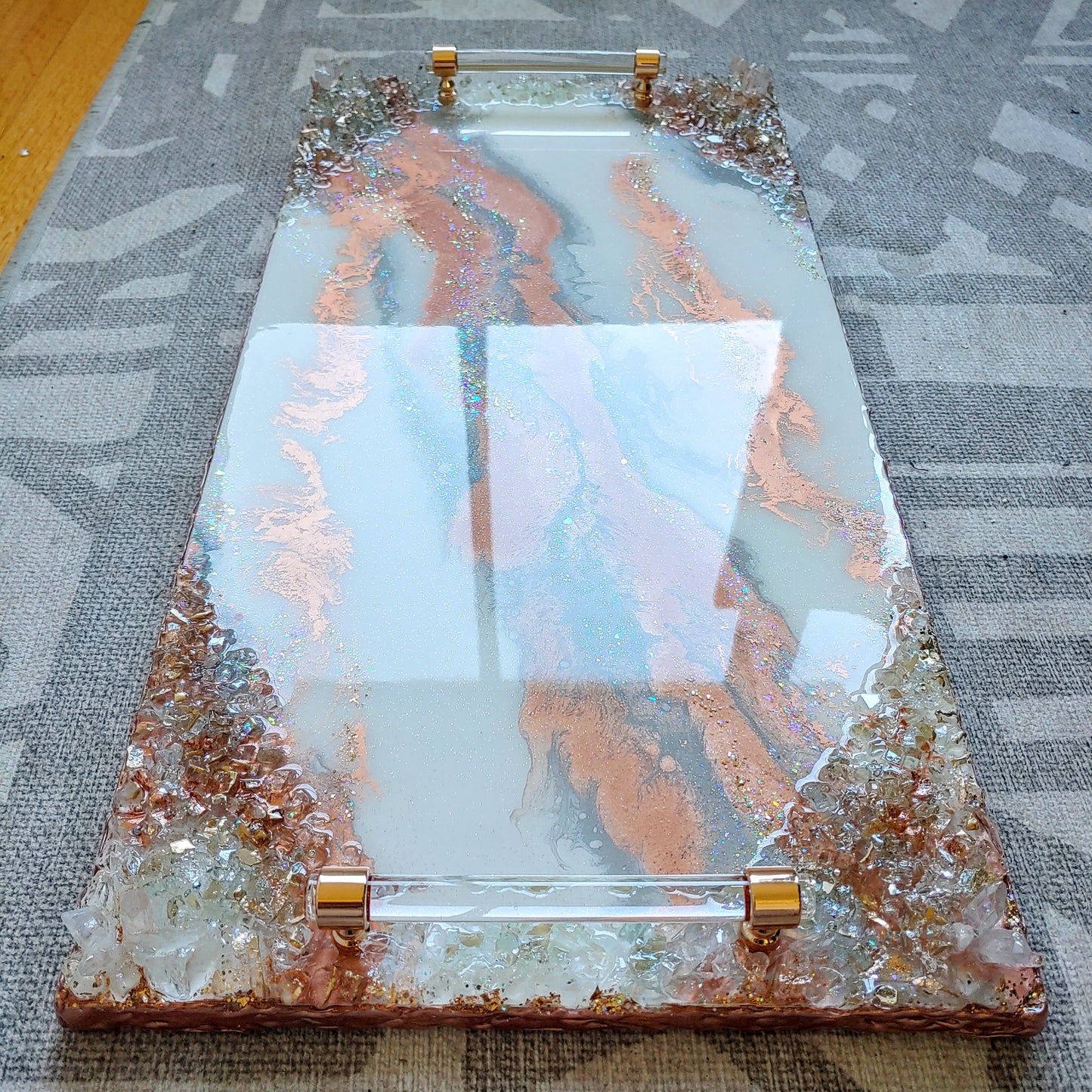 Rose Gold luxury resin tray with live edge, lucite handles & Coasters