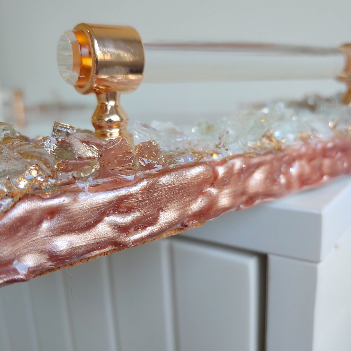 Rose Gold luxury resin tray with live edge, lucite handles & Coasters