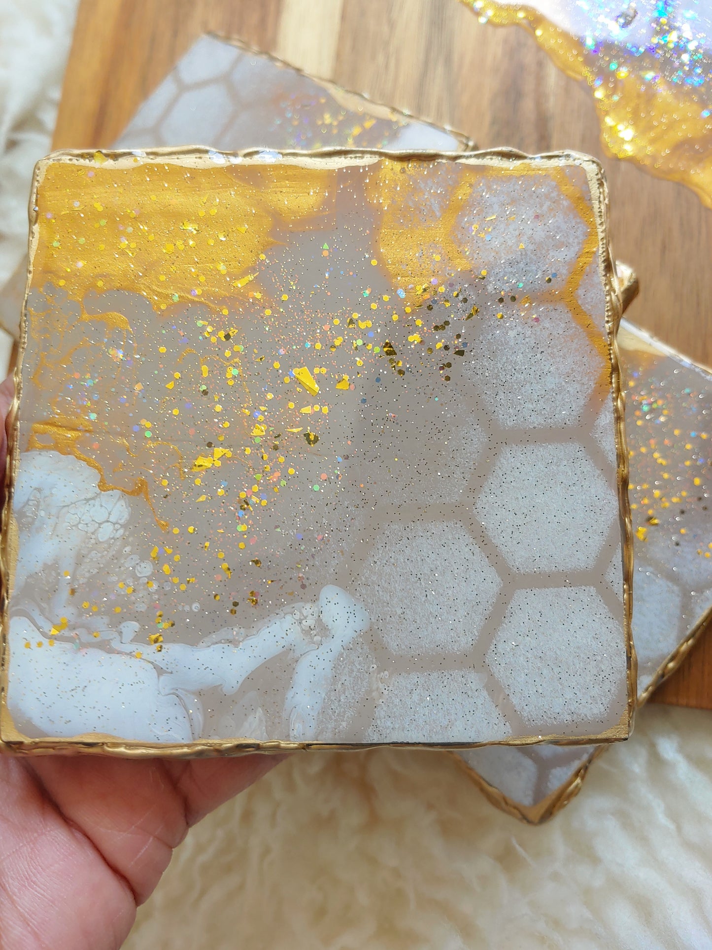 Golden Honeycomb Bee Cheeseboard & Coaster Set