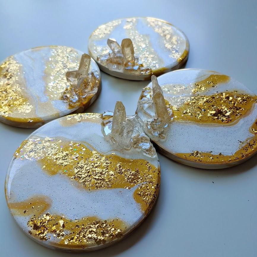 White and Gold Circle Coasters with crystal accents