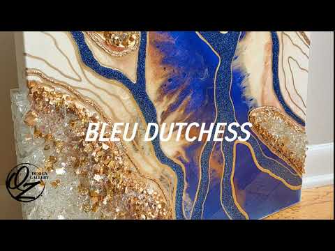 Bleu Dutchess-Resin geode with glass and quartz crystals 18x18