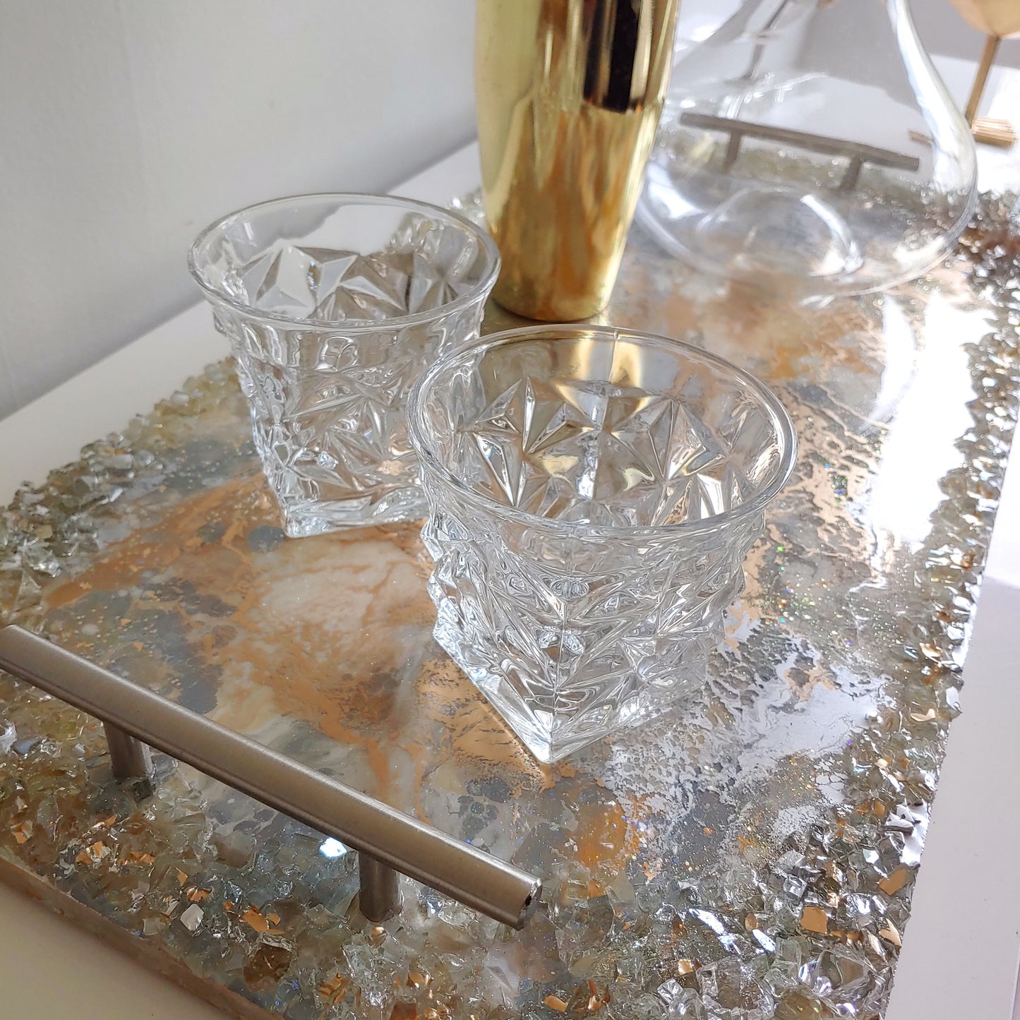 Neutral luxury resin and wood tray with cream, white & grey