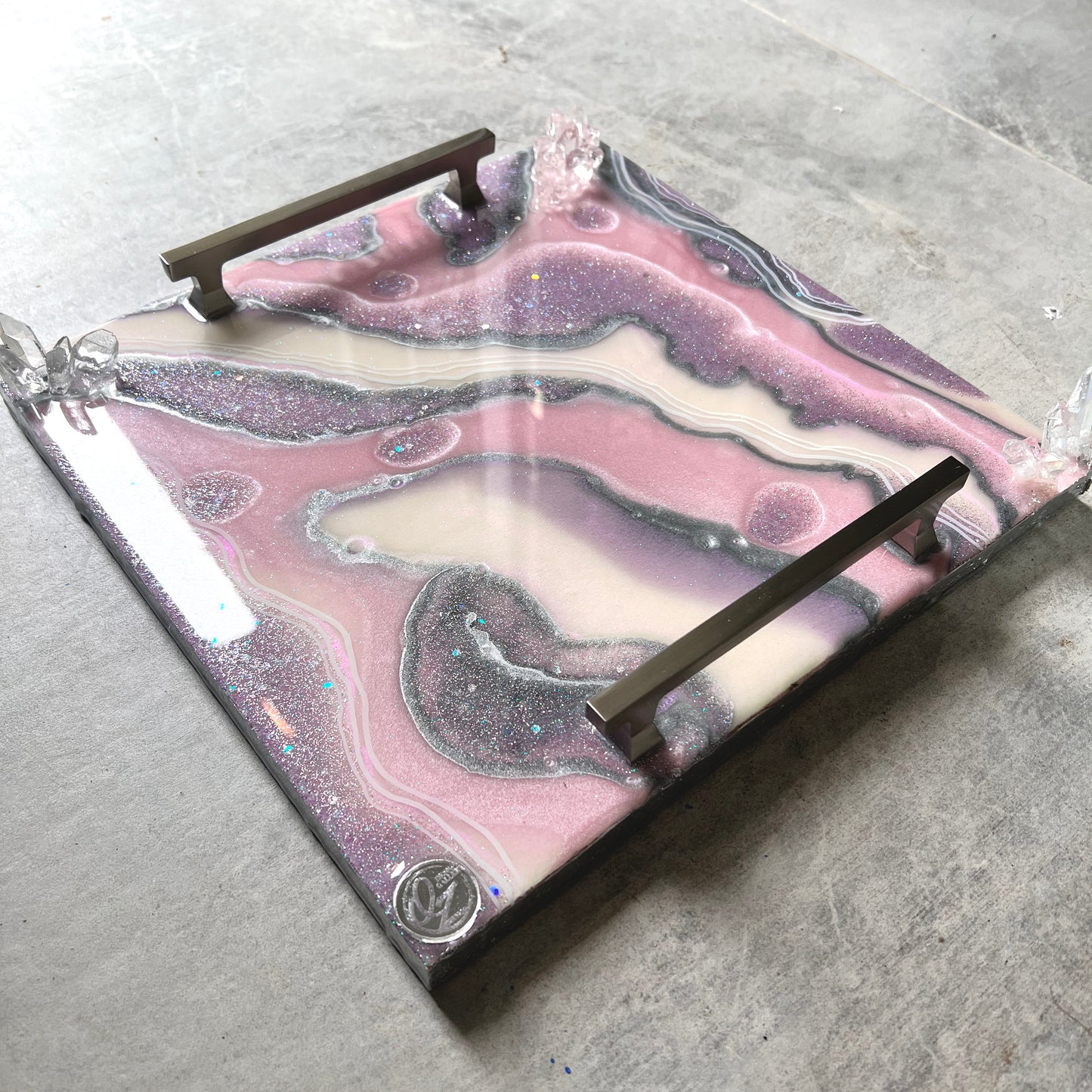 Creamy Pink & Silver Luxury Resin Tray with Handles