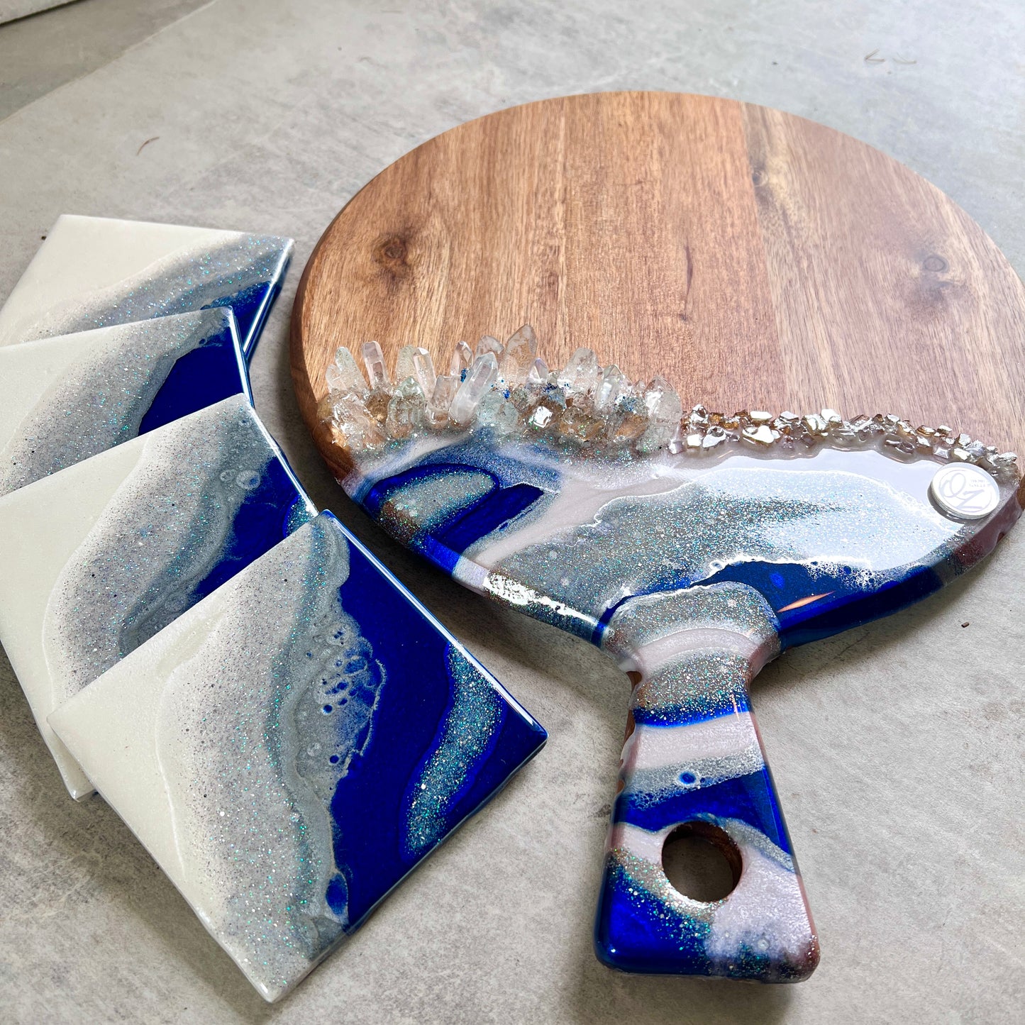Royal blue and white charcuterie & coaster set