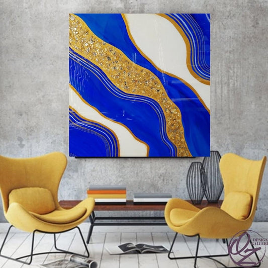 Blue Gatsby Royal blue, gold & white art with glass and resin 36x36