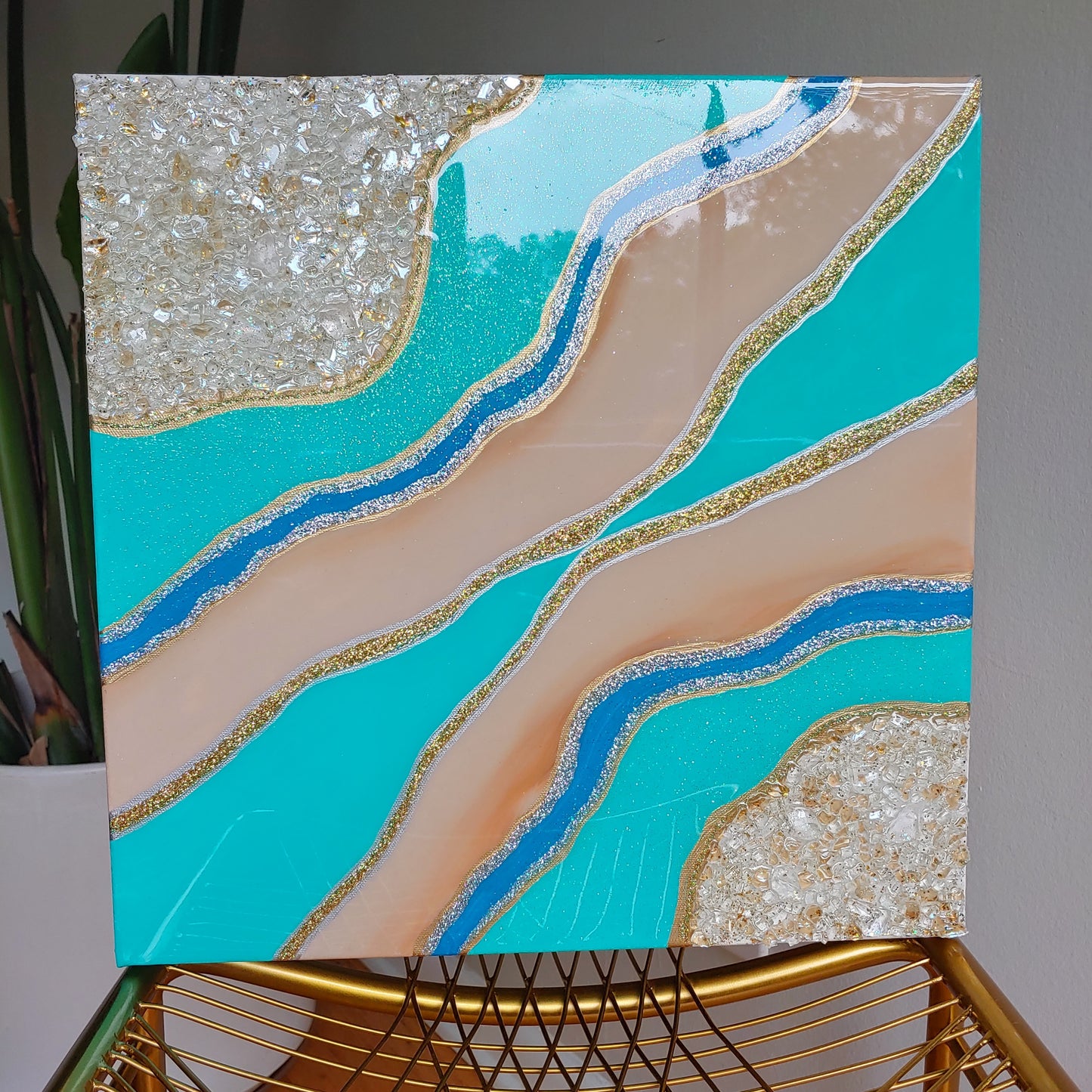 Pristine Ocean blue and gold wave 16x16