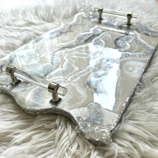 White & Silver Curvy Luxury Resin Tray with Handles