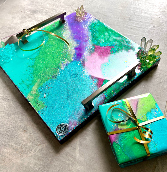 Colorful Luxury Tray and 4 pc Coaster Set