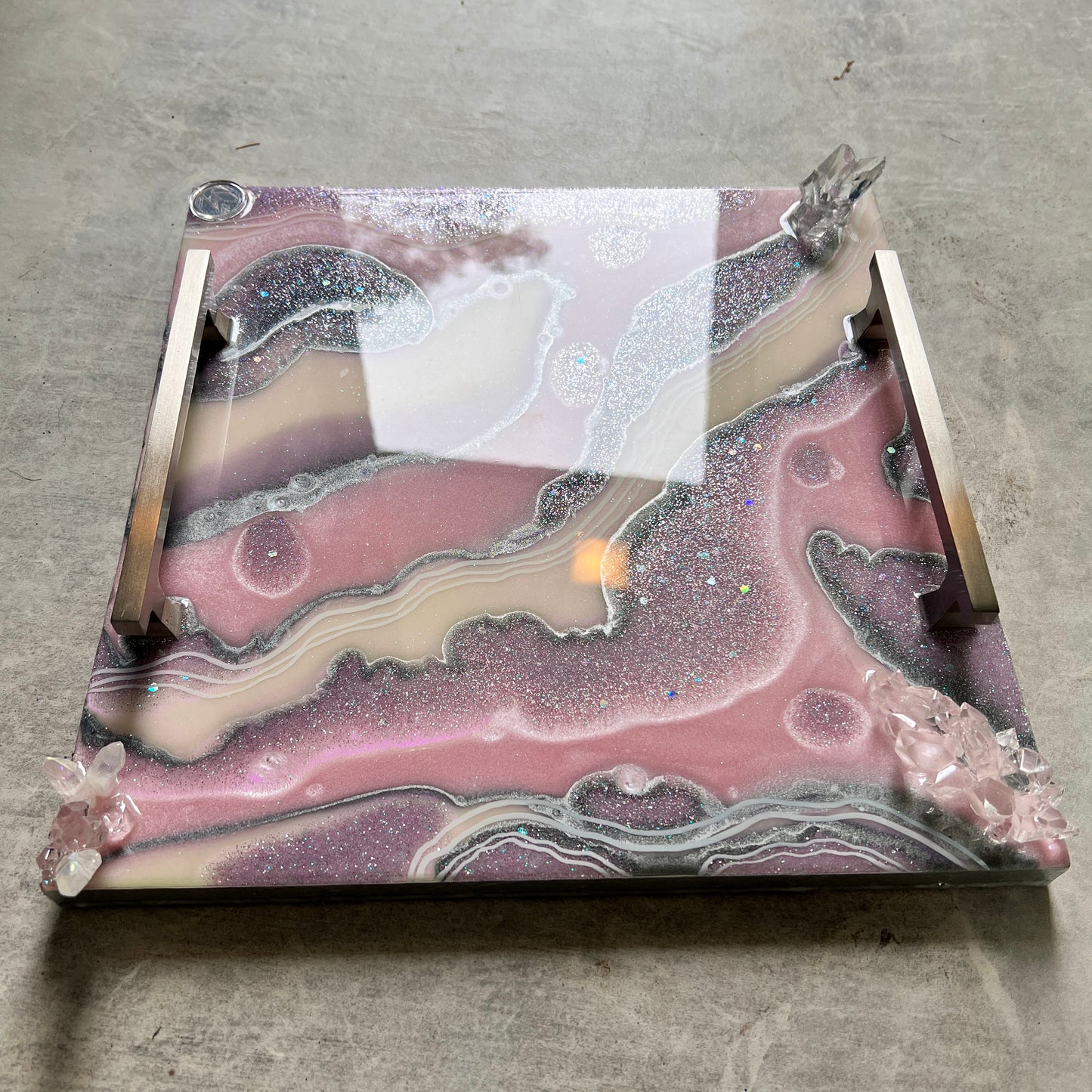 Creamy Pink & Silver Luxury Resin Tray with Handles