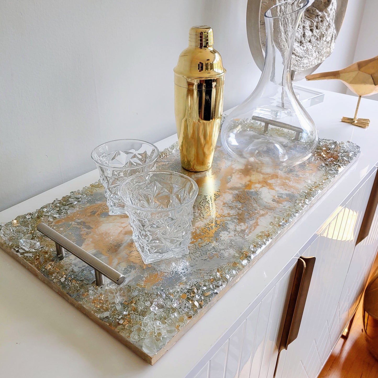 Neutral luxury resin and wood tray with cream, white & grey