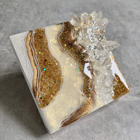 White & Gold Mini Geode Artwork with Stand