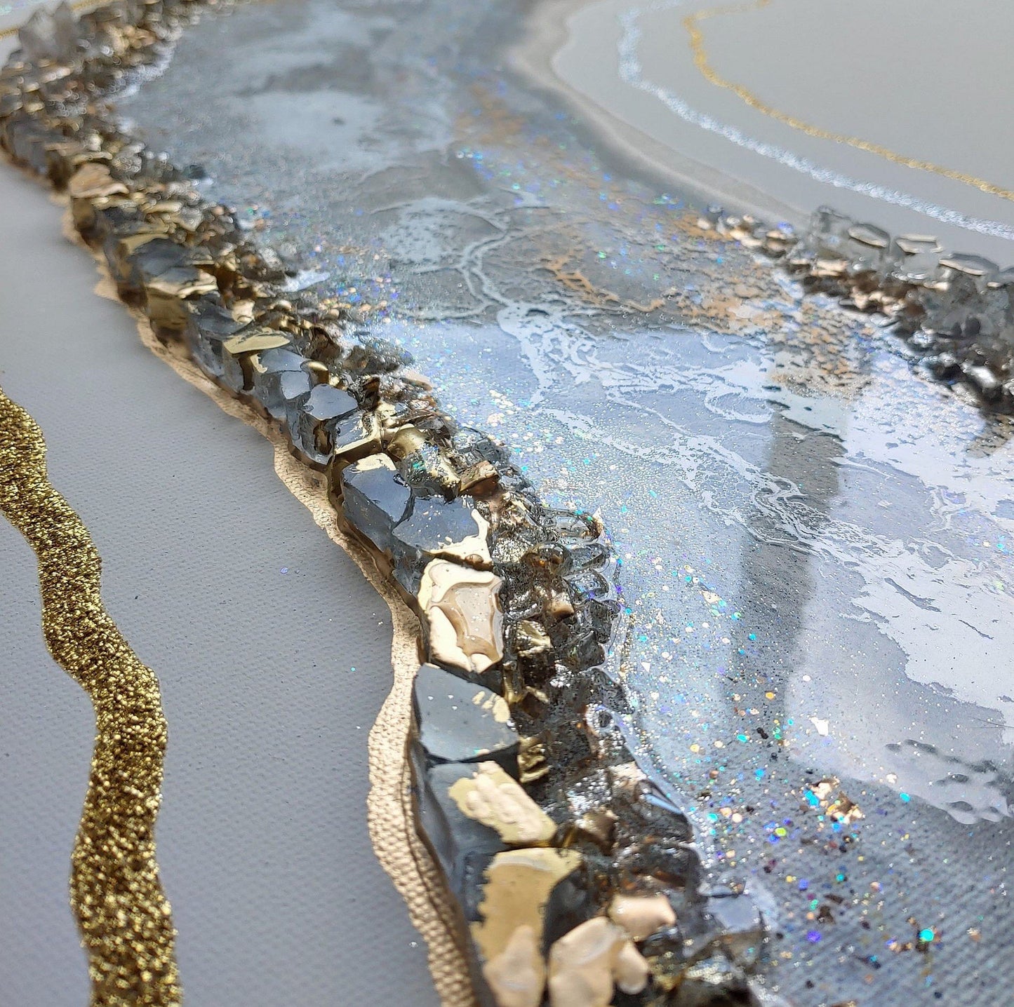 Silver Linings Deux with acrylic, resin, glass and crystals